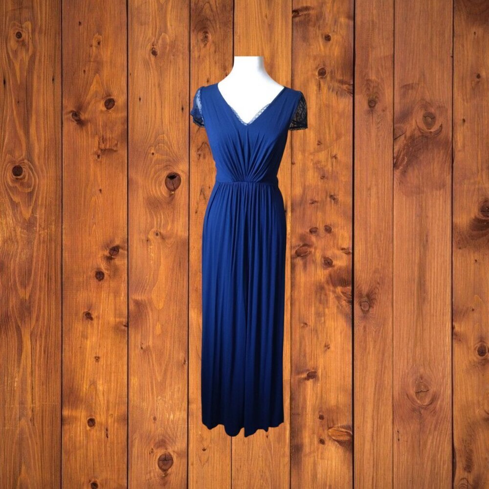 Mark. Lace Accent Blue Maxi Dress Gathered Waist Size Small Maxi Short Sleeve